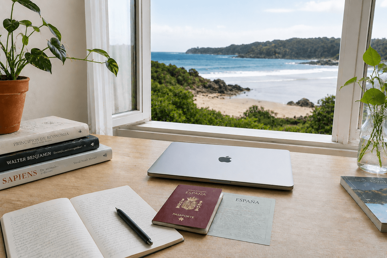 A Spanish passport and laptop on a desk overlooking the coast